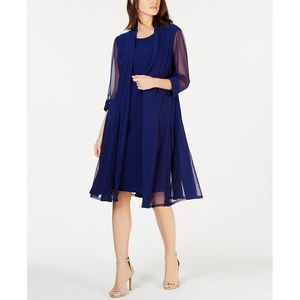 R&M Richards Set Giacca Lunga e Abito Formale da Donna con Decorazioni Blu Taglia 18 - Abiti da Sera in Chiffon a Trapezio con Paillettes Naturali ODM - Product Image 1