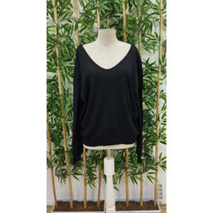 Blusa de mujer de manga larga con cuello en V, espalda con ventana y detalles de encaje, acanalada gruesa, 19772 - Negra - Product Image 5