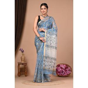 Sari en coton léger et respirant, imprimé au bloc et dessiné à la main, style indien Kota Dorriya, pour femme, idéal pour le quotidien et les fêtes de mariage - Product Image 1