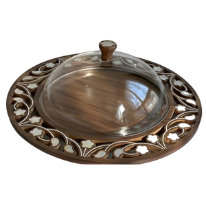 Elegant <b>Wooden</b> <b>Cake</b> Serving Tray with Heritage Floral Inlay and Natural Grains Wood for Celebration - Product Image 4