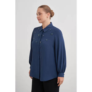 Blusa Clásica con Adornos para Mujer, Ideal para Oficina y Fiestas, Mezcla de Popelina y Seda - Product Image 2