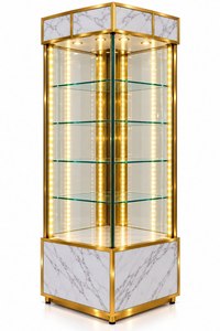 Vitrine autoportante en verre doré avec éclairage LED, base en marbre, 4 étagères, vitrine verticale, style glamour - Product Image 3