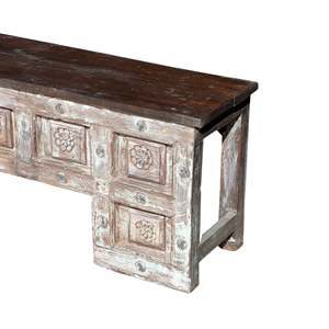 Banc d'extérieur en bois massif sculpté, style rustique et moderne, pour patio, jardin, parc, avec pieds en fer massif - Product Image 5