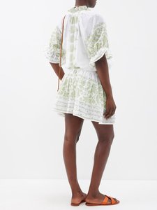 Blusa de Moda Personalizada, Vestido Casual con Estampado Floral Blanco y Verde, Ligero, de Algodón, Cuello en V, Estilo Línea A, Sexy para Verano - Product Image 2