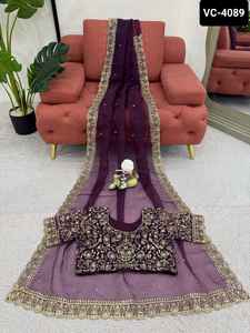 Vêtements ethniques indiens organza pur et doux avec bordure en dentelle brodée avec partout Butta Work Wedding and Festival Wear Saree - Product Image 5