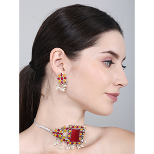 Gargantilla Vintage con Flores Rojas y Amarillas, Adornada con Perlas de Imitación y Diamantes - Product Image 1