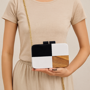 Sac de soirée de luxe fait main, durable, écologique, léger, en bois et résine, motif à pois, avec chaîne bandoulière, logo personnalisé - Product Image 4