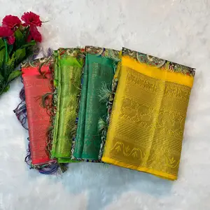 Tela suave de bentex-pattu con zari, tejido jacquard con borde grande, estampado de Kalamkari, tela de diseñador Saree, tela suave de Bentex pattu, nuevo diseño