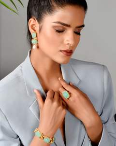 Bague en laiton plaqué or avec pierre unique Aqua Calcédoine Forme carrée Fait à la main Déclaration Lunette Anneaux de réglage - Product Image 2