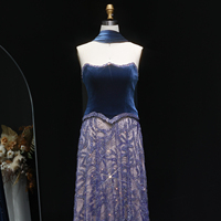 Jancember LSZ193 Robe de Soirée de Luxe Deux Pièces en Velours Bleu Perlé avec Foulard pour Femmes Arabes, Invitée de Mariage ou Cérémonie