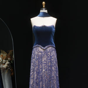 Jancember LSZ193 <span class=keywords><strong>Vestido</strong></span> de Noche Lujoso de Dos Piezas en Terciopelo Azul con Pedrería y Bufanda para Mujeres Árabes Invitadas a Bodas y Fiestas - Product Image 5