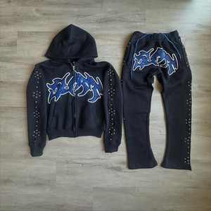 2025 tendencia al por mayor estampado gráfico Rhinestone Distress Casual Vintage Sudadera con capucha en blanco y pantalones de chándal holgados conjuntos hombres chándal - Product Image 3