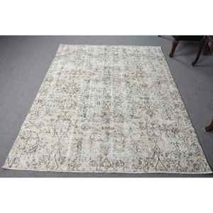 Alfombra Turca Vintage de Patchwork con Base de Látex Ecológica, 5.2x6.4 pies (159x195 cm), Alfombra Persa Blanca de Lana - Product Image 1