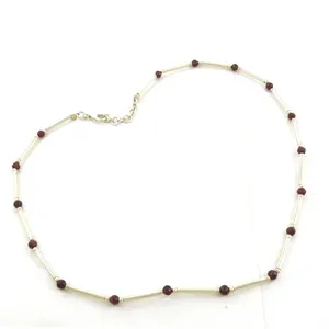 Collar de Barra con Cuentas de Plata, Piedras Preciosas Rojas, Patrón Geométrico Moderno, Chapado en Oro de 14K y Rodio, Circonita Corte Princesa, Oro Rosa para Mujer - Product Image 2