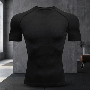 T-shirt de compression à manches courtes noir pour homme, coupe ajustée, séchage rapide, sportif, col rond, tricoté en polyester - Product Image 2