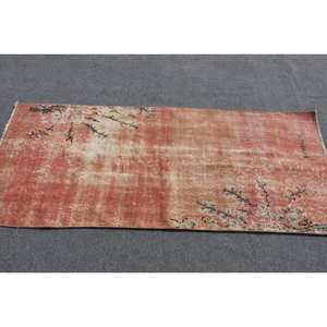 Modern Vintage Turkish Rug 2.8 X 6.6ft Handmade <b>Pink</b> Beige <b>Wool</b> Latex Backing Classic Rectangle Puzzle Pattern Abstract Hallway - Product Image 3