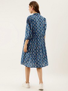 Robe longue en coton bohème imprimé bloc à la main vêtements de villégiature manches complètes cordon de serrage boucle cou bouton tendance s'adapte dernière arrivée - Product Image 4