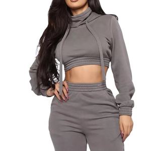 Conjunto de sudadera con capucha y logo personalizado para mujer, ropa para Parte Superior Femenina, de algodón, Color liso y liso, chándal corto con logotipo personalizado - Product Image 1