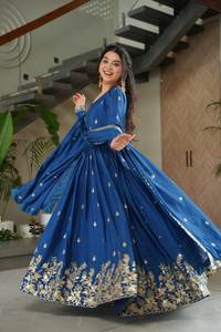 Últimas mujeres boda desgaste Chinnon Material con bordado Zari lentejuelas trabajo Anarkali vestidos de manga larga con borde de encaje Dupatta - Product Image 6
