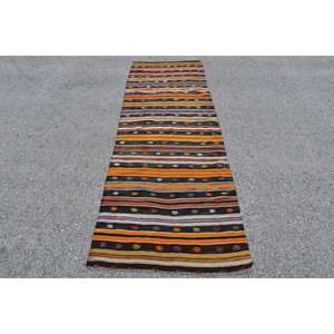 Alfombra turca Vintage naranja negra 28X89 pies Área grande Diseño de retazos étnicos clásicos Pasillo rectangular de látex de lana para habitaciones - Product Image 1