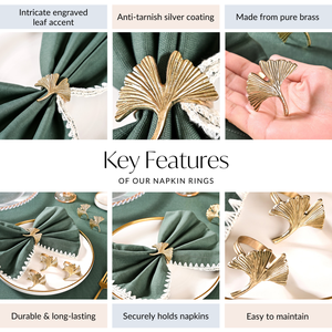 ชุดแหวนรัดผ้าเช็ดปากรูปใบแปะก๊วยสีทอง 6 ชิ้น ทำจากทองเหลืองแท้ สไตล์วินเทจ ทนทาน ใช้ตกแต่งโต๊ะสำหรับงานแต่งงาน งานเลี้ยง บ้าน หรือร้านอาหาร - Product Image 2