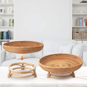 Bandeja de servicio de ratán redonda hecha a mano con soporte Soporte extraíble Elevador de bandeja de ratán para macetas y velas - Product Image 2