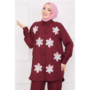 Ensemble 2 pièces en lin brodé de fleurs Bordeaux - Product Image 2