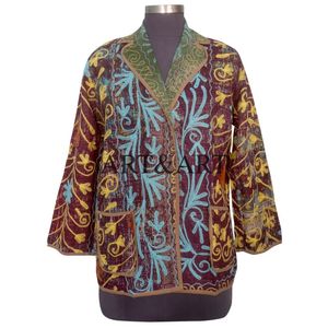 Chaqueta Acolchada Kantha de Algodón Hecha a Mano, Cuello en V, Mangas Largas, Bolsillos, Estilo Bohemio con Estampado Indio, Unisex, Invierno, Otoño - Product Image 1