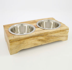 Mangeoire à double dîner en bois pour chien Bols en acier inoxydable Support de conception simple surélevé en bois Plat pour animaux de compagnie - Product Image 2