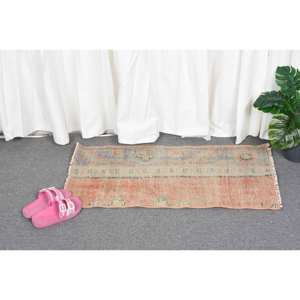 Alfombra Turca Bohemia de Lana y Viscosa Ecológica de 1.4 x 2.8 pies, Pelo Medio, Lavable a Mano, Diseño Tradicional de Parches en Naranja y Azul - Product Image 4