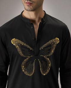 Robe maxi en coton de luxe faite à la main à taille empire, été, perlée, pailletée, fil teint, lurex, col en V, détail en dentelle et pompon, modeste - Product Image 4