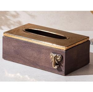 Boîte à mouchoirs en bois de manguier artisanale avec motif d'éléphant en laiton antique élégant porte-mouchoirs décoratif pour la décoration intérieure et le bureau - Product Image 1