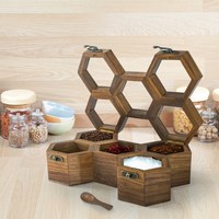 Boîte à épices Masala Daani en laiton Conteneurs hexagonaux en bois boîte à épices armoires de cuisine stockage de poudre épices et herbes utilisation masala