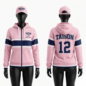Sweat à capuche de rugby en molleton de coton et polyester 320 GSM de qualité supérieure, rose et bleu marine, avec empiècements rayés, broderie personnalisée, logo imprimé, fermeture éclair - Product Image 1