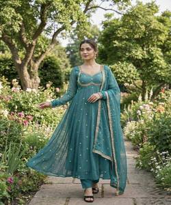 DESIGNER FENDY SATIN RAMBO SEQUENCE EMBROIDERY WORK GOWN BOTTOM DUPATTA WEDDING WEAR WHOLESALE PRICE ETHNIC GARMENT SKY COTTON - Product Image 1