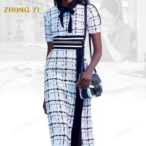 2022 Factory Customized Women's Summer Dress High Neck Tie Bow Plaid Zipper Ladies Midi Dress Formal Clothing Middle Aged Women