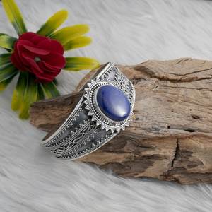 กำไลแต่งงานสีเงิน925สเตอร์ลิงพร้อม Lapis Lazuli อัญมณีสไตล์ Boho สำหรับเธอ-แฟชั่น Kada Kada - Product Image 1