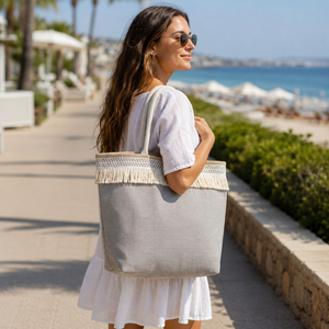 Wholesale <b>Large</b> Grey Fringed PP Laminated Jute <b>Beach</b> Tote <b>Bag</b> Rope Handles Custom Logo Eco Friendly Reusable Shopping Travel <b>Bag</b> - Product Image 2