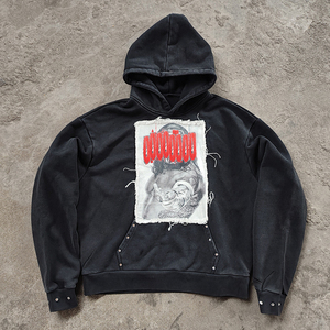 Sweat à capuche zippé pour homme en molleton bouclette, style streetwear, délavé à l'acide, fonctionnel, avec strass, grammage lourd, personnalisable OEM - Product Image 1