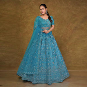 Majestic Heavy Embroidered <b>Net</b> Lehenga Choli with Shimmer Thread Detailing and Matching Dupatta for Wedding Party Wear - Product Image 4