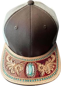 <b>Tooled</b> Leather Cap CUSTOMIZABLE CAP Cowboy Leather Cap Western Summer Trucker Handtooled Hat Patch Hat Handmade Summer Cap - Product Image 3