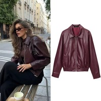 Damen 2026 Neue Amerikanische Retro Einfache Revers Burgunderrote Kunstleder Winterjacke mit Reißverschluss Dicke Street-Fashion-Jacke