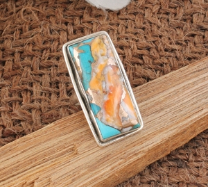 Handmade Vintage Style <b>Boho</b> <b>Silver</b> Bezel Setting <b>Ring</b> with Oyster Copper Turquoise Gemstone Rectangle Shape Wedding Party Women - Product Image 1