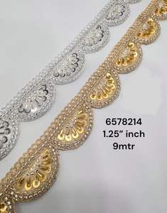 Cordones bordados a máquina hechos a medida en tela de base de red blanca en diseños abstractos y perlas adjuntas para vestidos de novia - Product Image 3