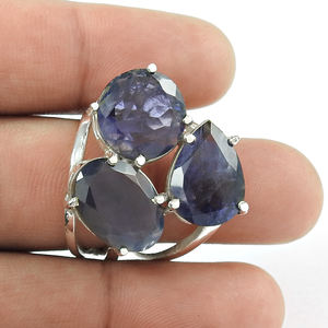 Pierre précieuse naturelle Iolite Bague ethnique à trois pierres en argent sterling 925 Conception de commande personnalisée Fabricant de bijoux Exportateur indien - Product Image 2