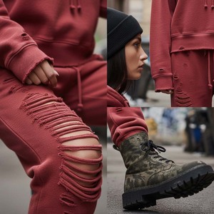 Ensemble deux pièces pour femme, style streetwear grunge personnalisé, rouge uni, haut court et pantalon de survêtement, avec découpe laser et trous déchirés - Product Image 4