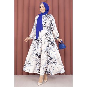 Beige-Indigo Satin Hijab Dress <b>Chain</b> Pattern <b>Belt</b> Basic Modest Elegant Style Straight Silhouette Floral Solid Pattern for Summer - Product Image 1
