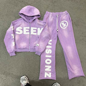 Costume pour hommes de haute qualité lavé à l'acide Streetwear personnalisé survêtements brodés en détresse ensemble pull à capuche et pantalon de survêtement - Product Image 1