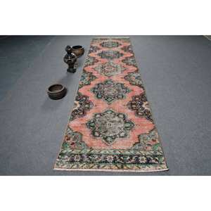 Alfombra de lana turca Vintage de 33x123 pies, área grande, patrón de retazos rosa y verde para pasillo, dormitorio, forma Rectangular de látex de 10mm - Product Image 1