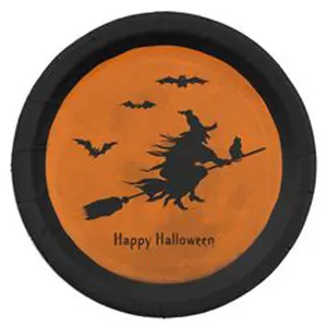 Piring dinding logam bulat Outlet selamat Halloween penyihir di sapu terbang kelelawar hitam perbatasan oranye di pusat jumlah Aksesori